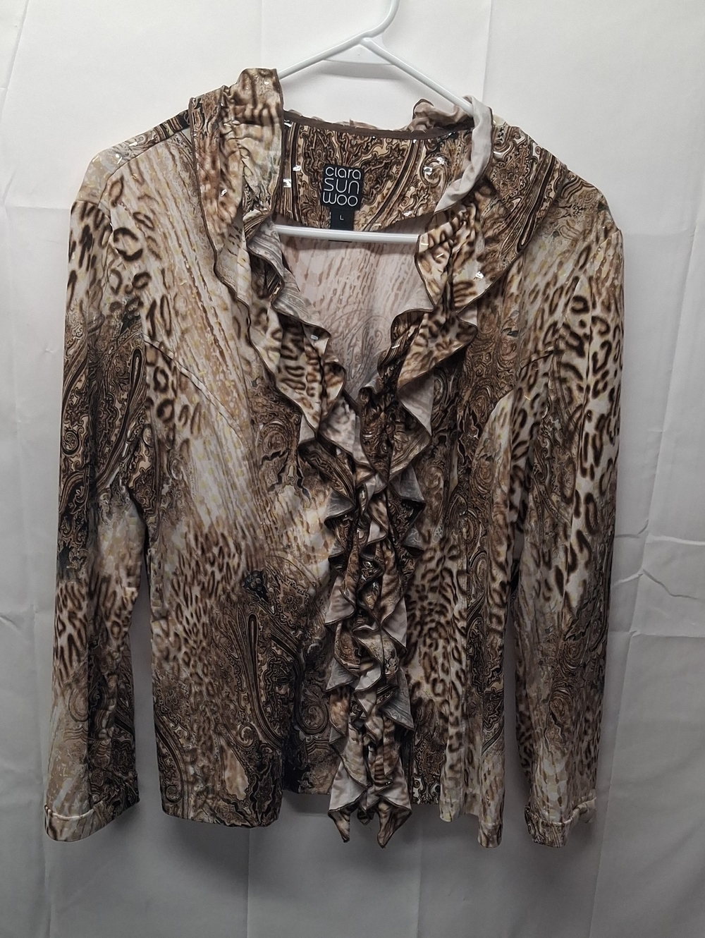 CLARA SUNWOO Brown and Cream Animal Print Ruffle Front Blouse